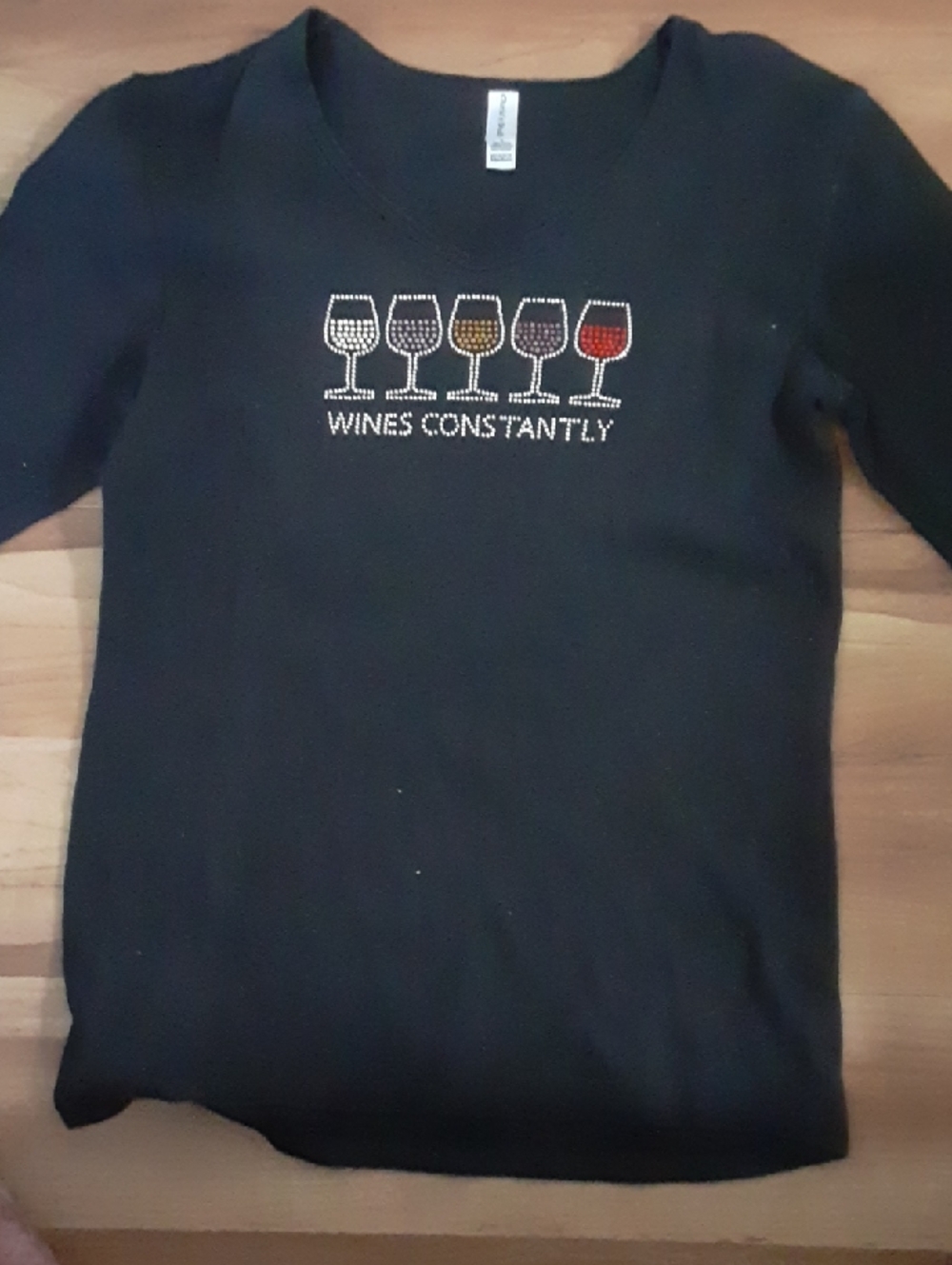Black Long Sleeve Women's Tee with Rhinestone Wine Glass Graphic
